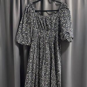 Floral Puff-Sleeve Midi Dress